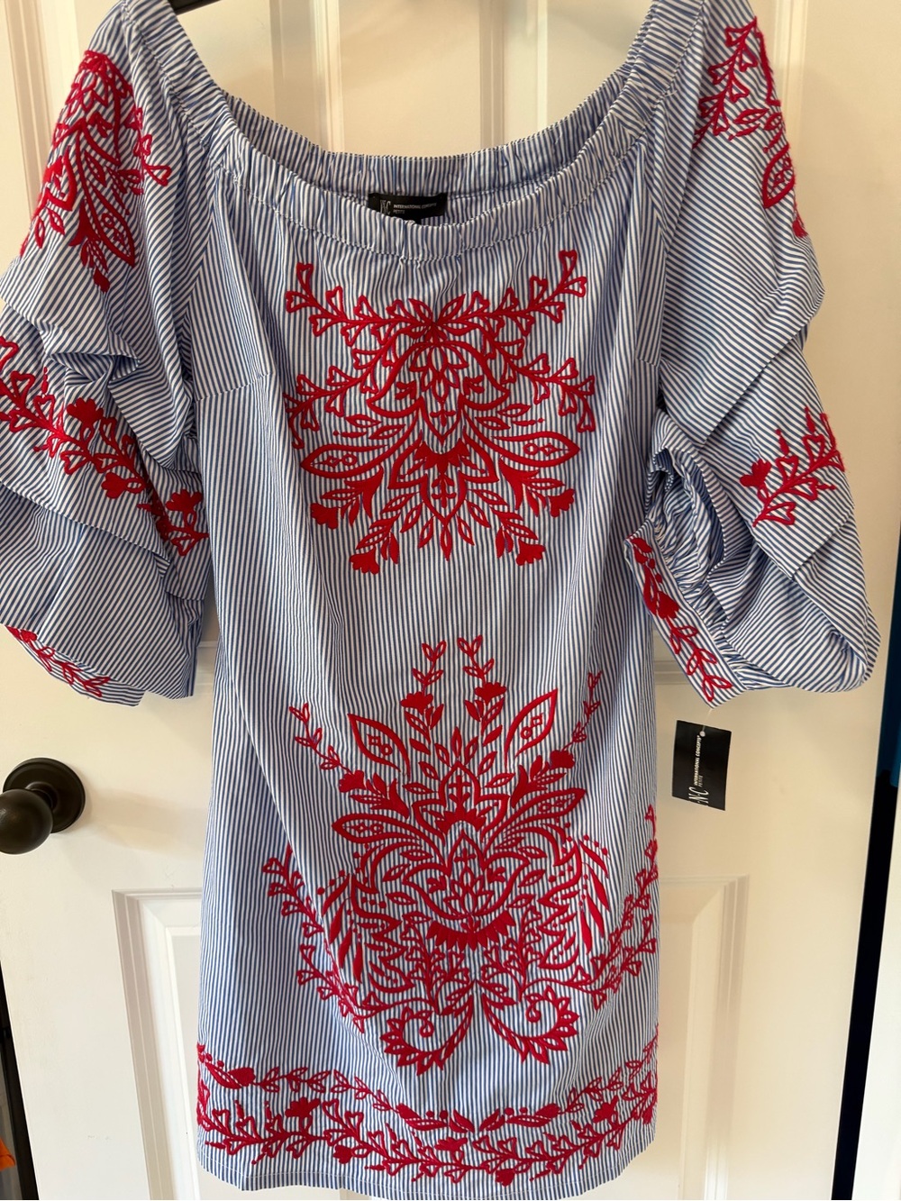 INC International Concepts Blue & White Striped Blue dress with Red Embroidery